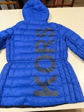 Michael Kors Blue Puffer Coat with Large Vertical Logo
